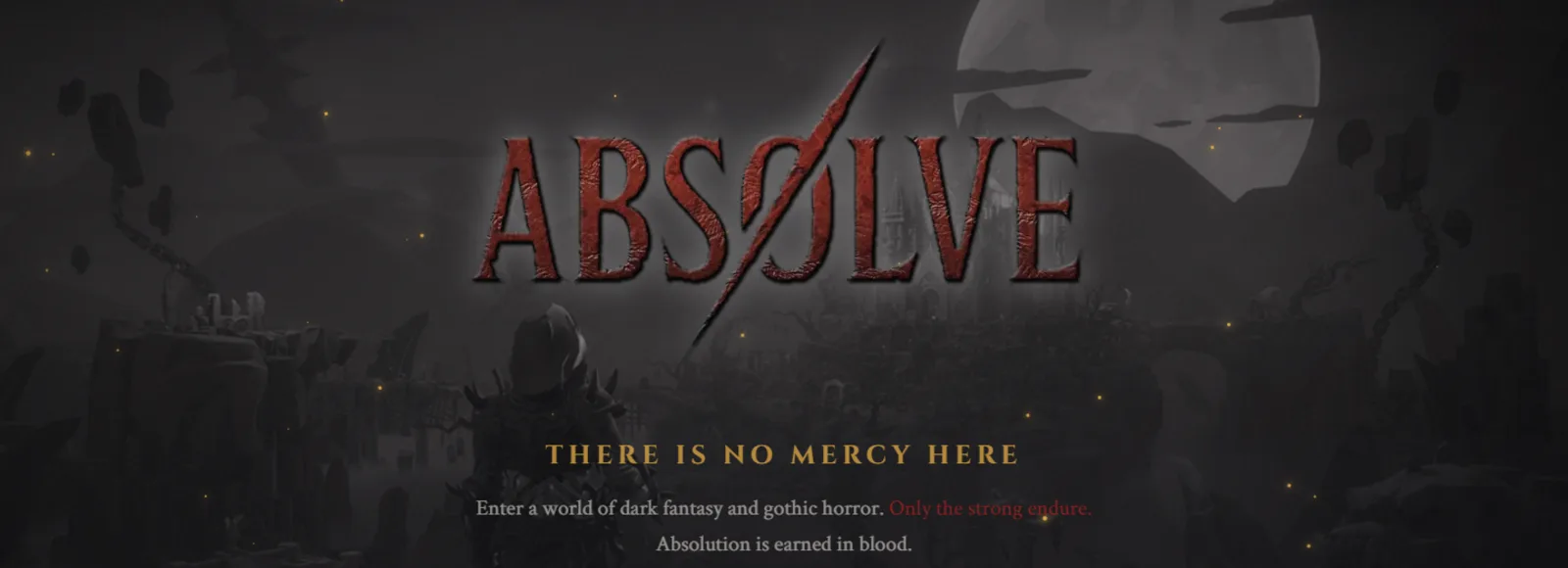 ABSOLVE website: the blood-red ABSOLVE logo above "There is no mercy here" on a dark gothic landscape