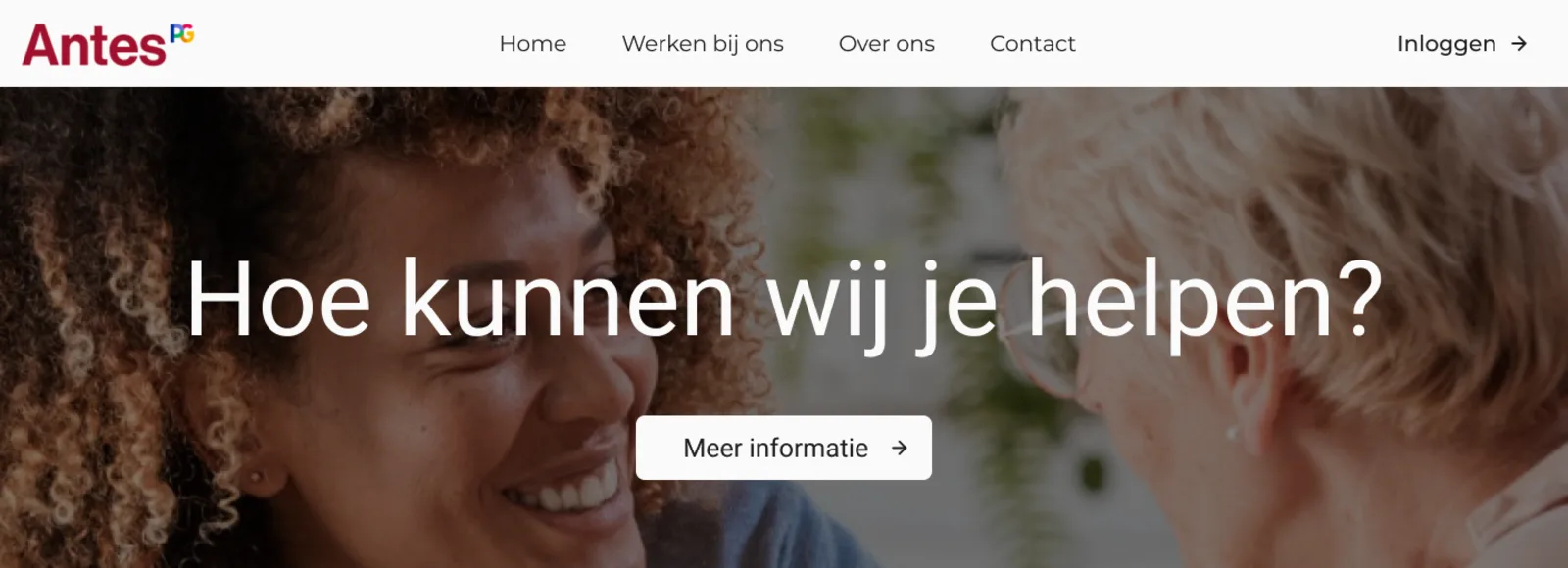 Antes website: the heading "Hoe kunnen wij je helpen?" over a photo of two smiling people