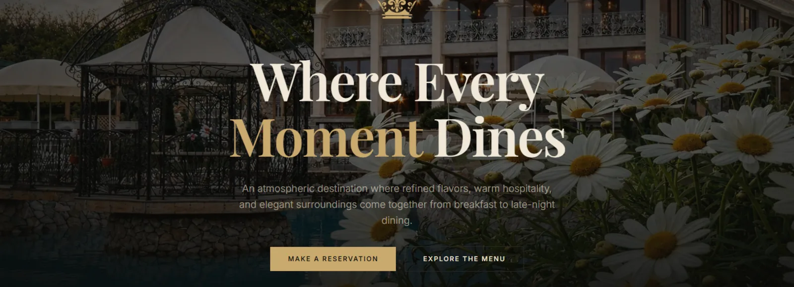 Restaurant Arcus website: "Where Every Moment Dines" over the restaurant terrace, with daisies in the foreground