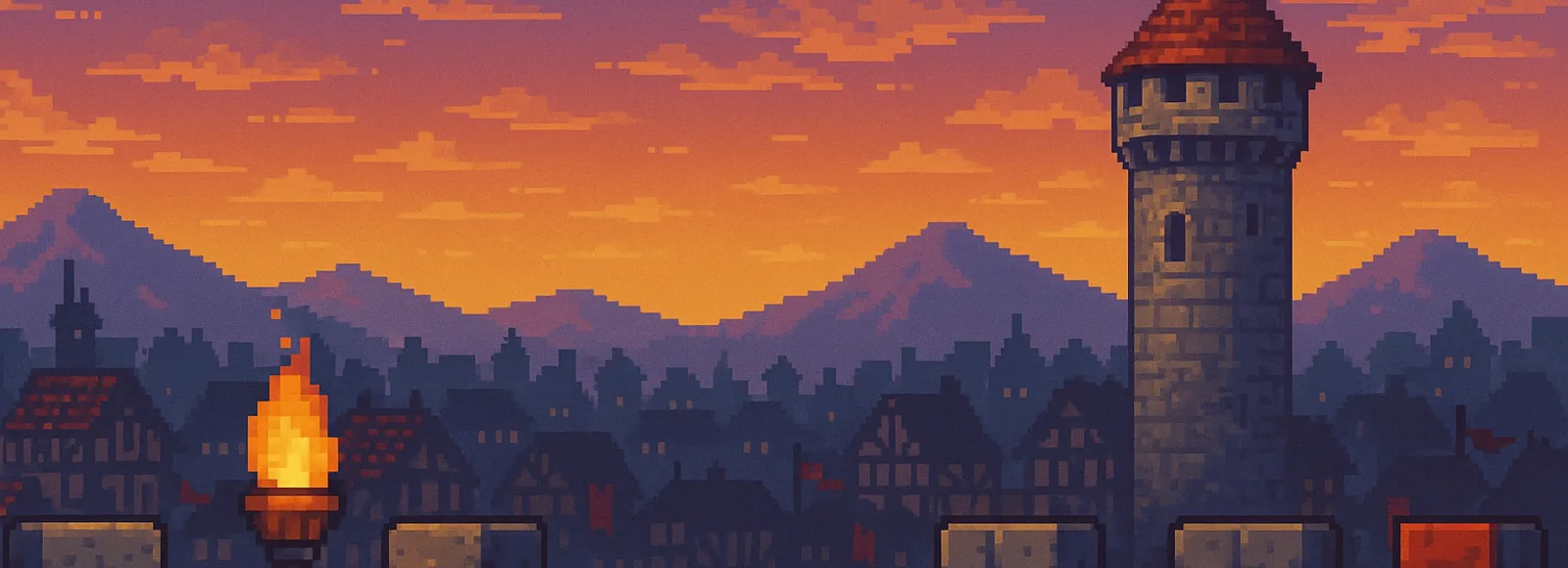 Beat Down Tower background art: pixel-art castle walls and a tower against an orange sunset