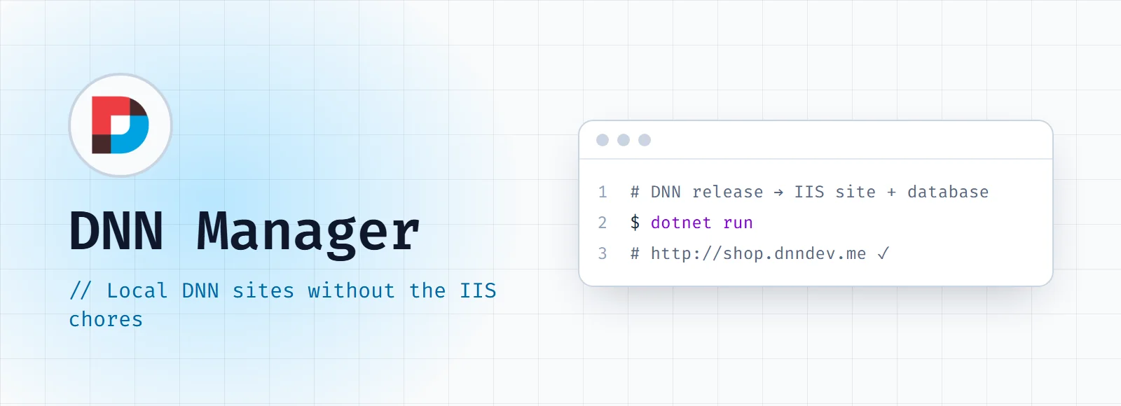DNN Manager cover: the DNN logo with the title and "Local DNN sites without the IIS chores" next to a code window