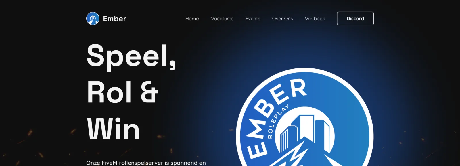 Ember website: the heading "Speel, Rol & Win" next to the blue Ember Roleplay logo