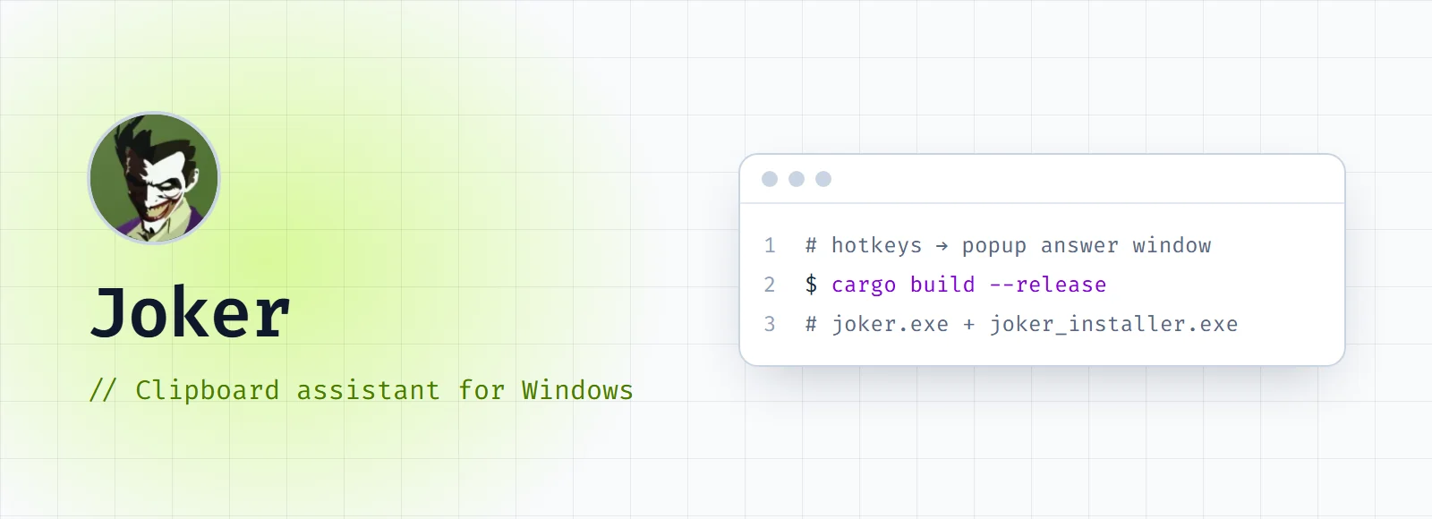 Joker cover: the Joker app icon with the title "Clipboard assistant for Windows" and a code window