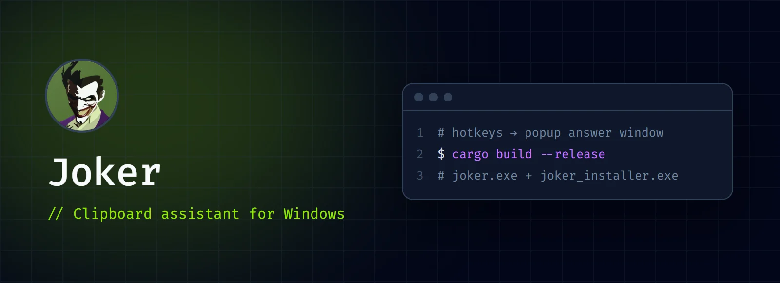 Joker cover: the Joker app icon with the title "Clipboard assistant for Windows" and a code window