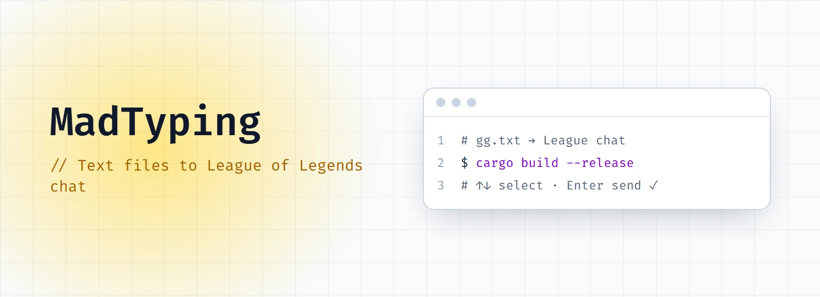 MadTyping cover: the title and "Text files to League of Legends chat" next to a code window