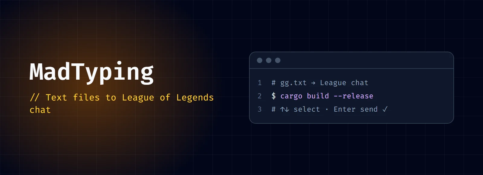 MadTyping cover: the title and "Text files to League of Legends chat" next to a code window