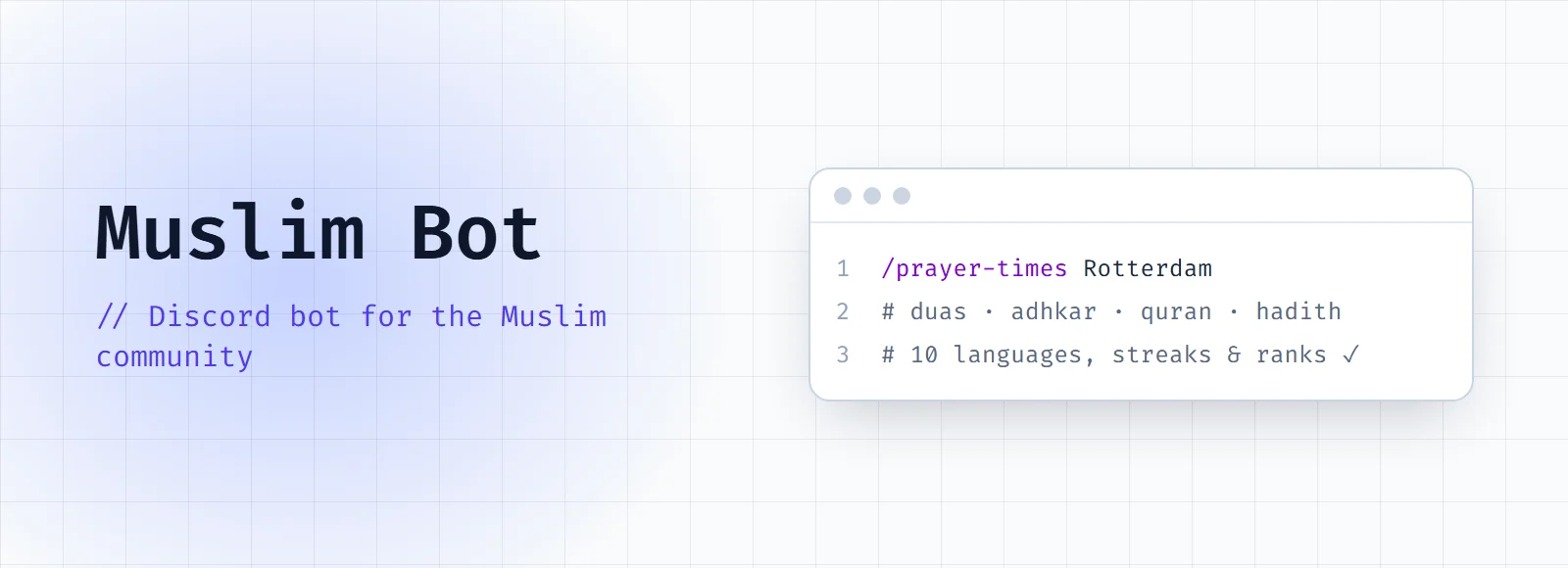 Muslim Bot cover: the title and "Discord bot for the Muslim community" next to a code window