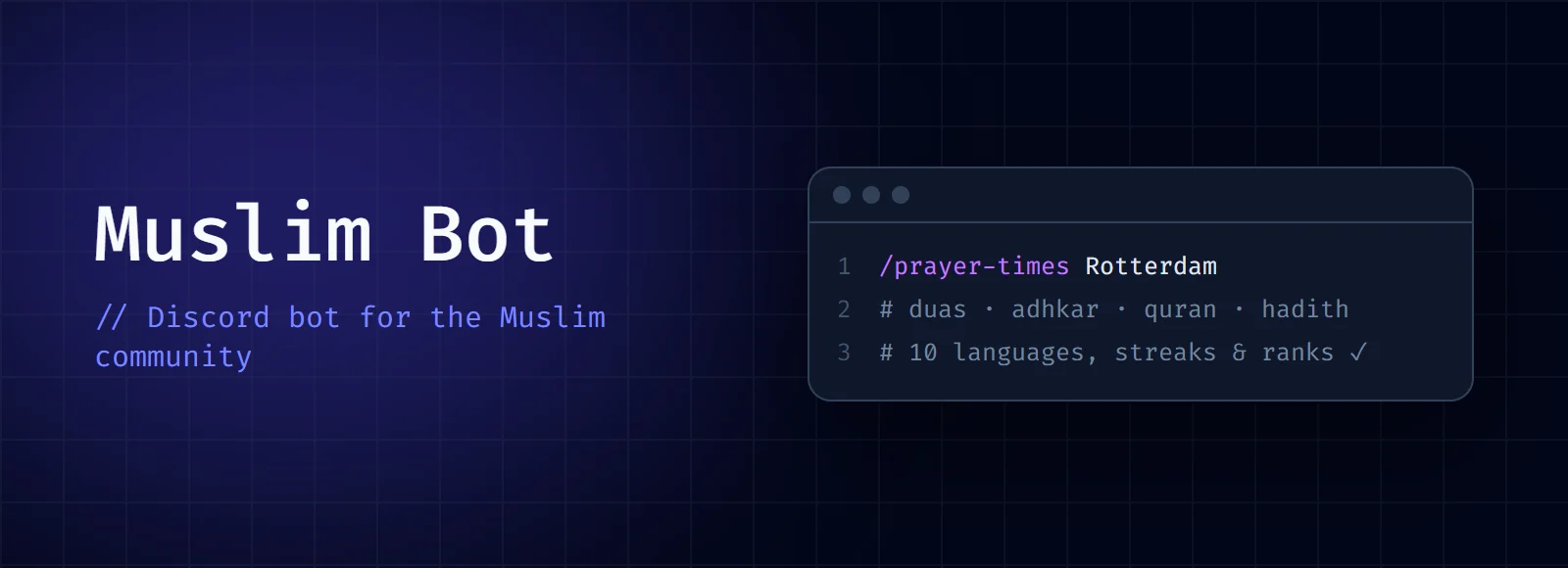 Muslim Bot cover: the title and "Discord bot for the Muslim community" next to a code window