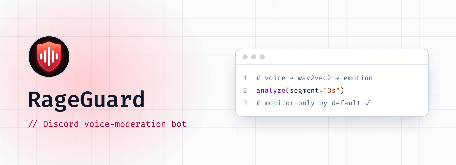 RageGuard cover: the red shield logo with the title and "Discord voice-moderation bot" next to a code window