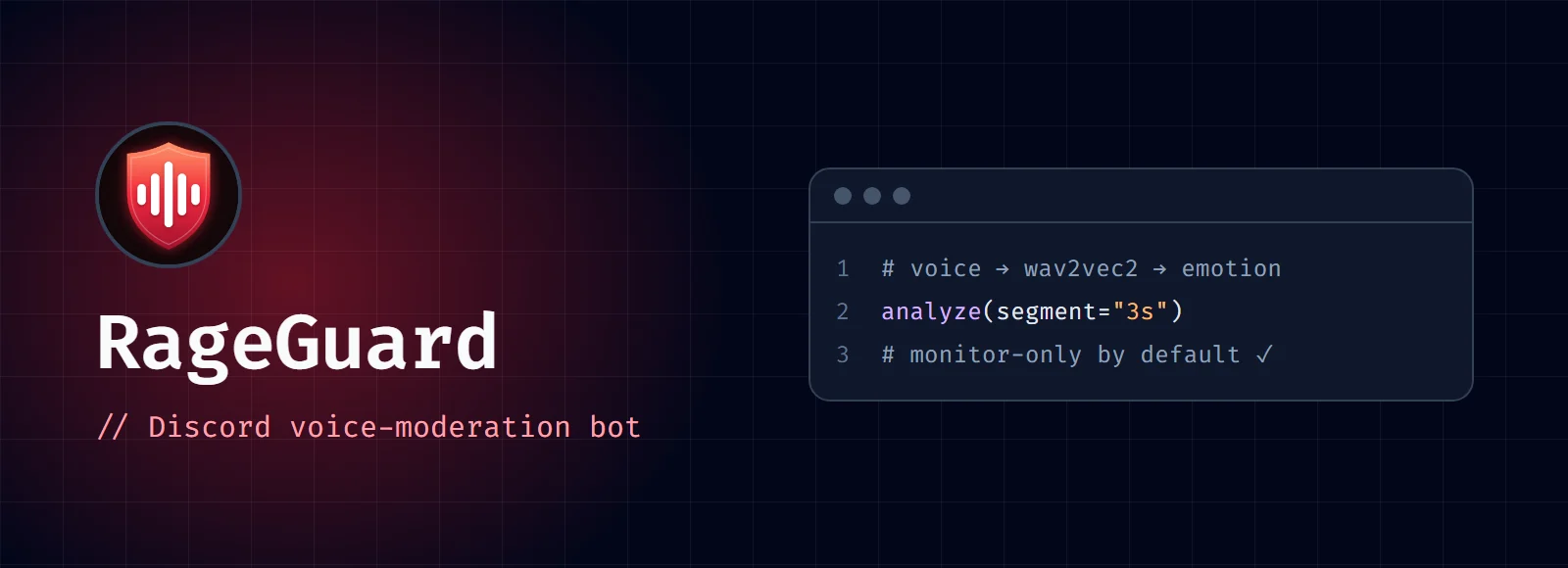RageGuard cover: the red shield logo with the title and "Discord voice-moderation bot" next to a code window