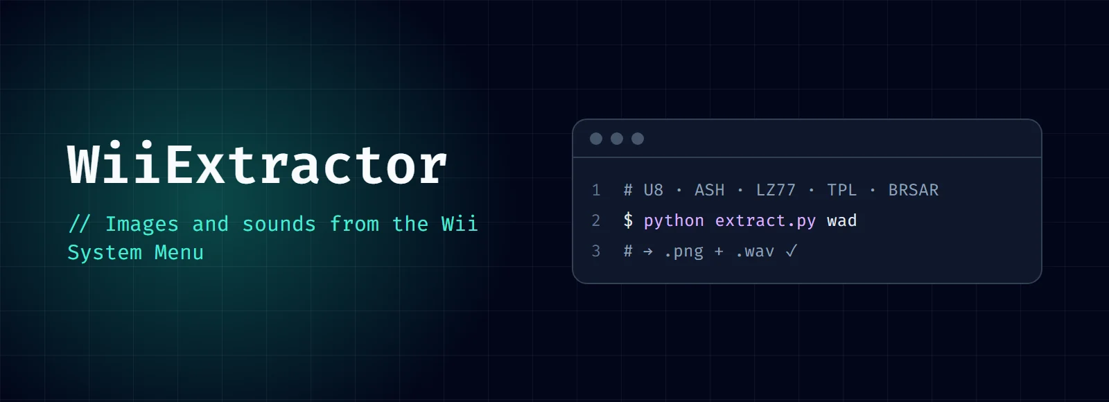 WiiExtractor cover: the title and "Images and sounds from the Wii System Menu" next to a code window