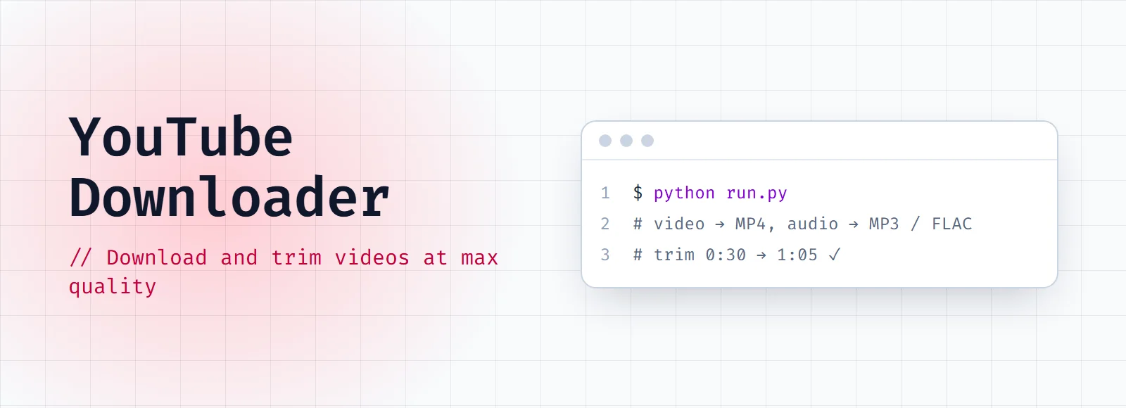 YouTube Downloader cover: the title and "Download and trim videos at max quality" next to a code window