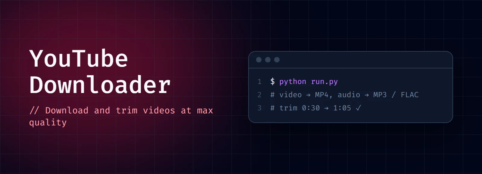 YouTube Downloader cover: the title and "Download and trim videos at max quality" next to a code window